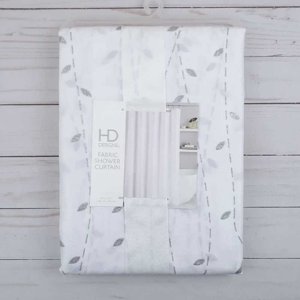HD Designs Fabric Shower Curtain Silver Leaf 70x72 Sparkle